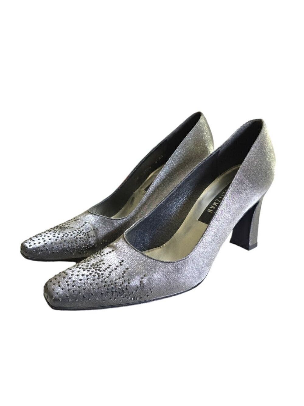 Stuart Weitzman Silver Explosion Rhinestone Square Toe Heels Sz 8AA